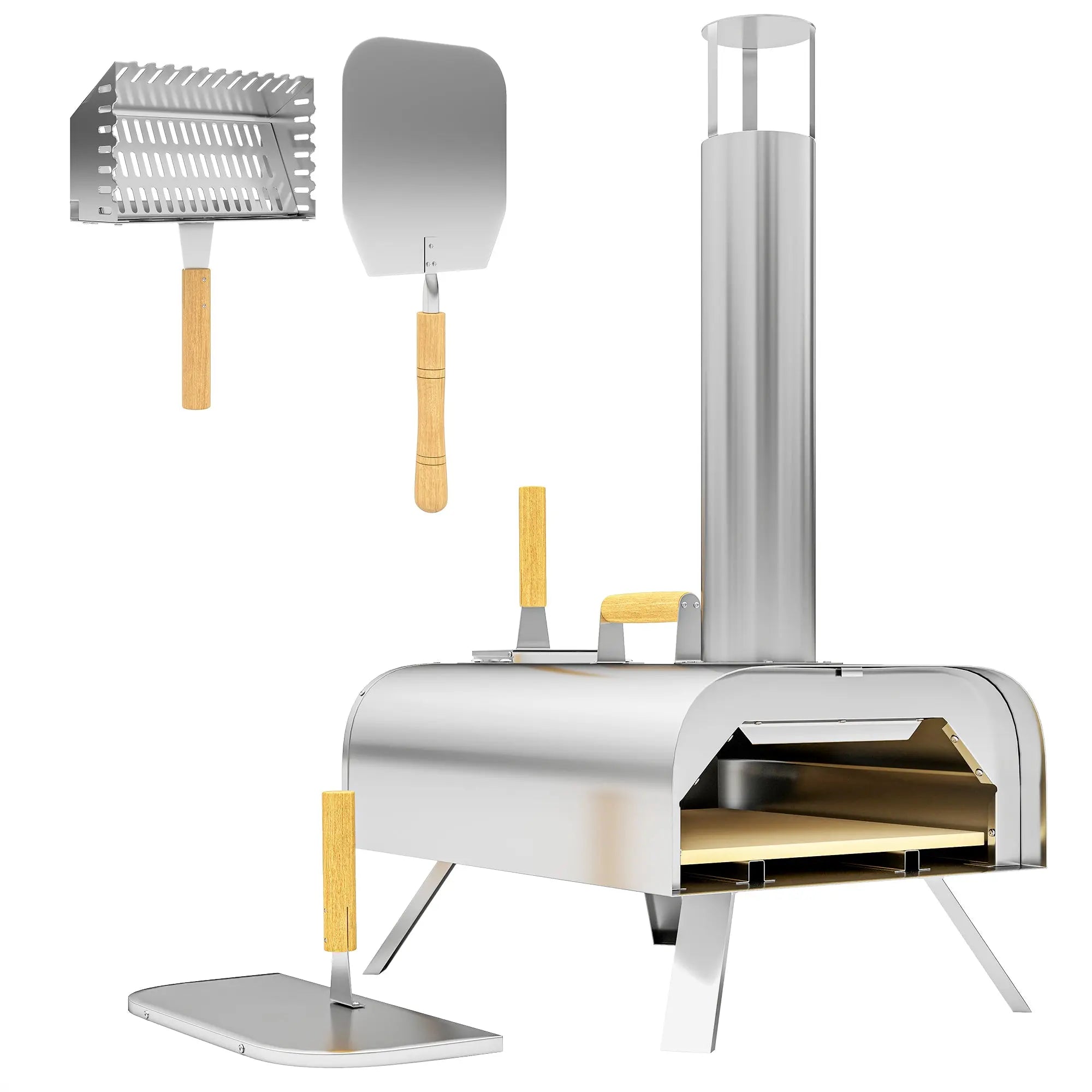 Outsunny Outdoor Pizza Oven, Portable Wood Pellet Pizza Oven with Pizza Stone and Peel, Foldable Legs, Chimney, 12 Inch Wood Fired Pizza Maker for Outdoor Cooking, Stainless Steel 