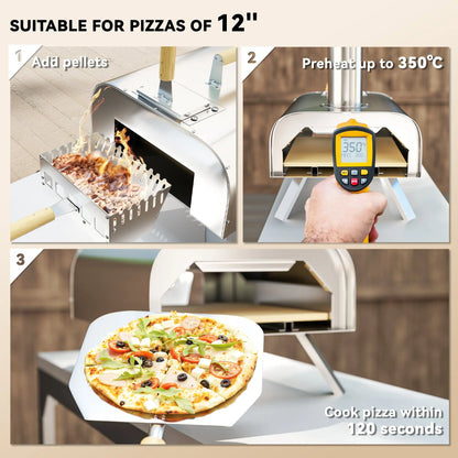 Outsunny Outdoor Pizza Oven, Portable Wood Pellet Pizza Oven with Pizza Stone and Peel, Foldable Legs, Chimney, 12 Inch Wood Fired Pizza Maker for Outdoor Cooking, Stainless Steel 