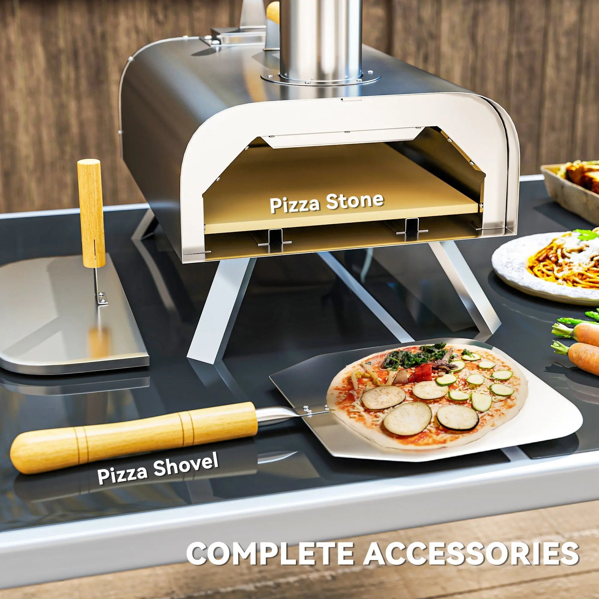 Outsunny Outdoor Pizza Oven, Portable Wood Pellet Pizza Oven with Pizza Stone and Peel, Foldable Legs, Chimney, 12 Inch Wood Fired Pizza Maker for Outdoor Cooking, Stainless Steel 