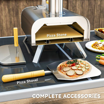 Outsunny Outdoor Pizza Oven, Portable Wood Pellet Pizza Oven with Pizza Stone and Peel, Foldable Legs, Chimney, 12 Inch Wood Fired Pizza Maker for Outdoor Cooking, Stainless Steel 