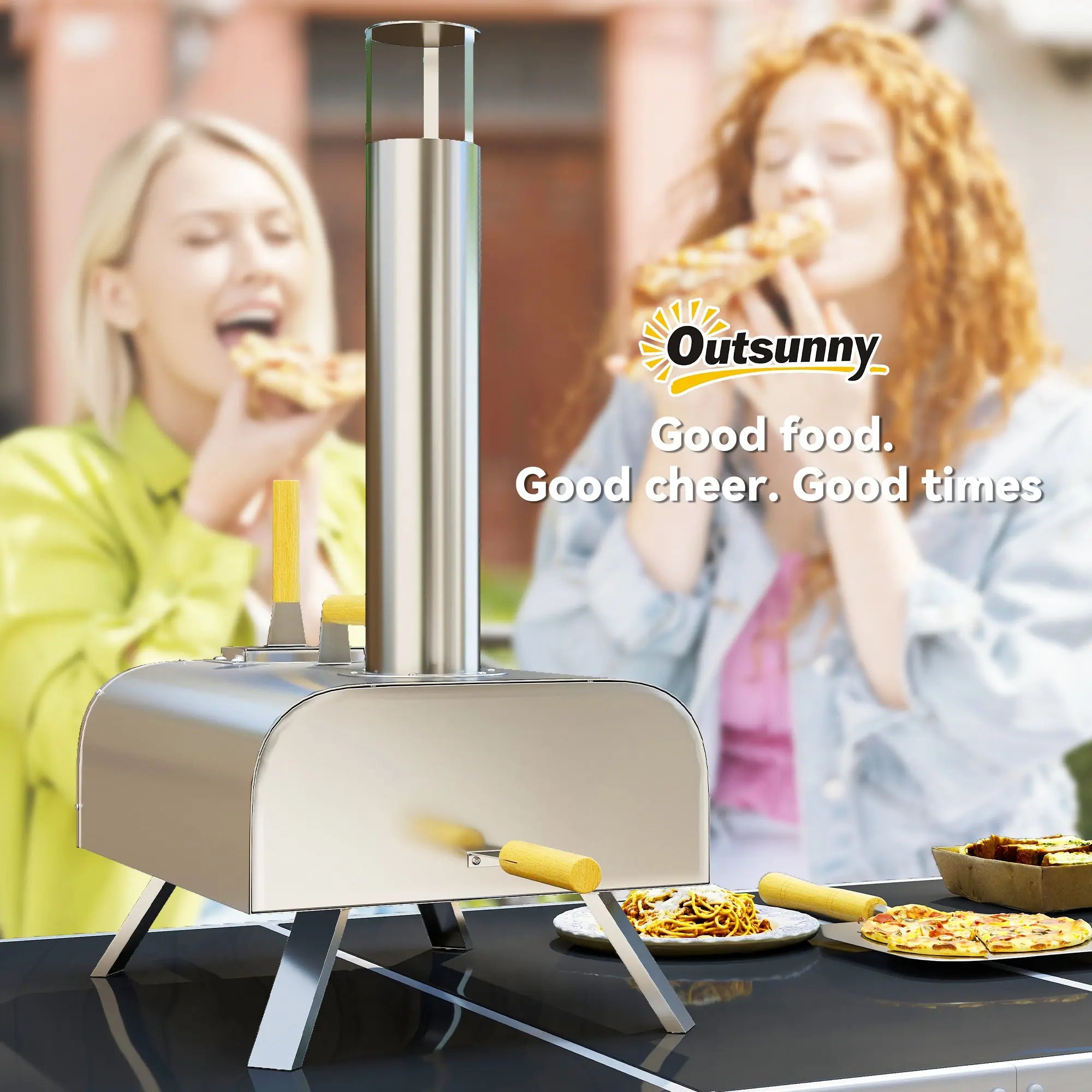 Outsunny Outdoor Pizza Oven, Portable Wood Pellet Pizza Oven with Pizza Stone and Peel, Foldable Legs, Chimney, 12 Inch Wood Fired Pizza Maker for Outdoor Cooking, Stainless Steel 