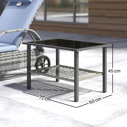 Outsunny Outdoor Rattan Coffee Table with Tempered Glass Top, Storage Shelf, Foot Pads, for Patio, Balcony, Mixed-grey 