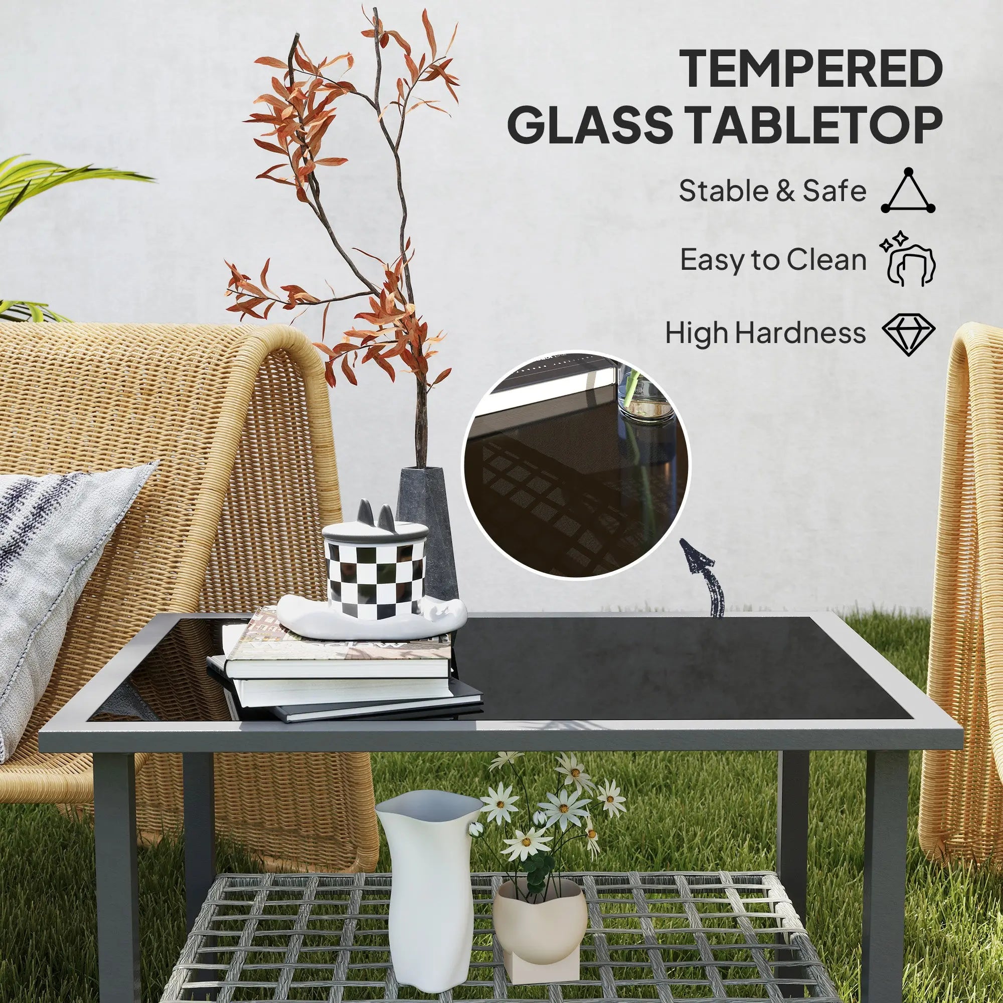 Outsunny Outdoor Rattan Coffee Table with Tempered Glass Top, Storage Shelf, Foot Pads, for Patio, Balcony, Mixed-grey 