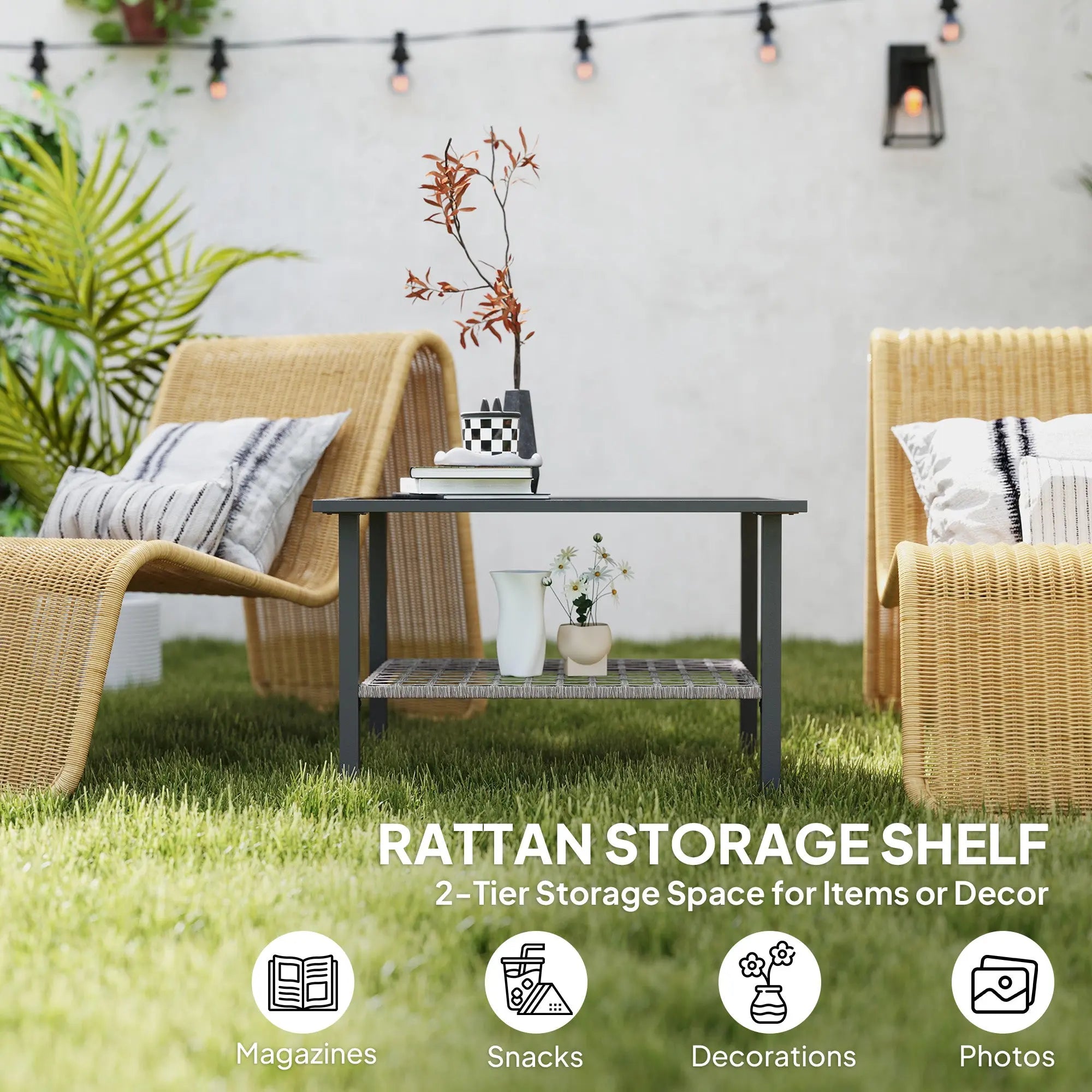 Outsunny Outdoor Rattan Coffee Table with Tempered Glass Top, Storage Shelf, Foot Pads, for Patio, Balcony, Mixed-grey 