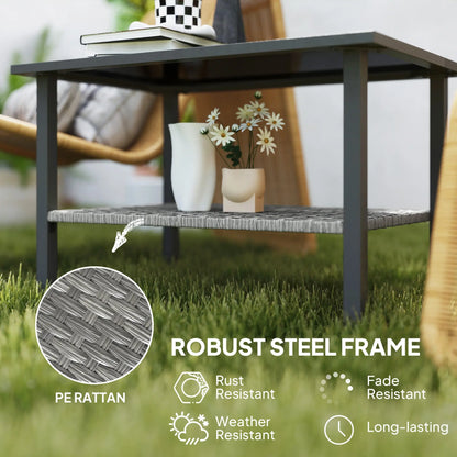Outsunny Outdoor Rattan Coffee Table with Tempered Glass Top, Storage Shelf, Foot Pads, for Patio, Balcony, Mixed-grey 
