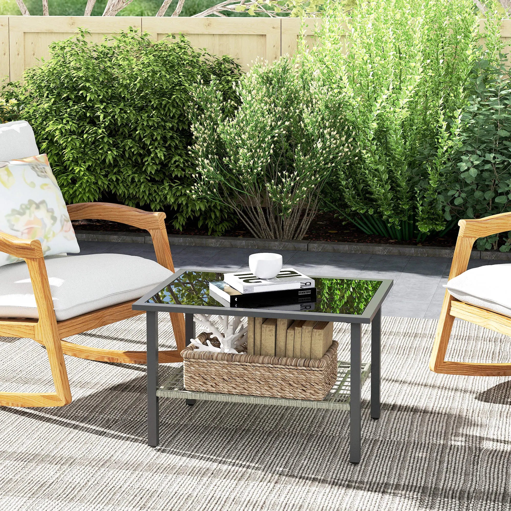Outsunny Outdoor Rattan Coffee Table with Tempered Glass Top, Storage Shelf, Foot Pads, for Patio, Balcony, Mixed-grey 