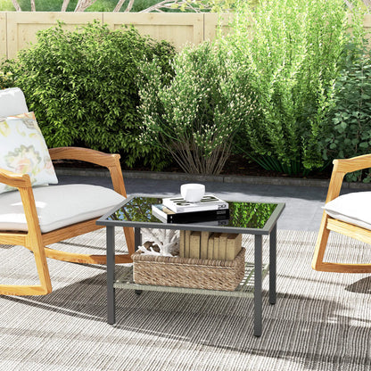 Outsunny Outdoor Rattan Coffee Table with Tempered Glass Top, Storage Shelf, Foot Pads, for Patio, Balcony, Mixed-grey 