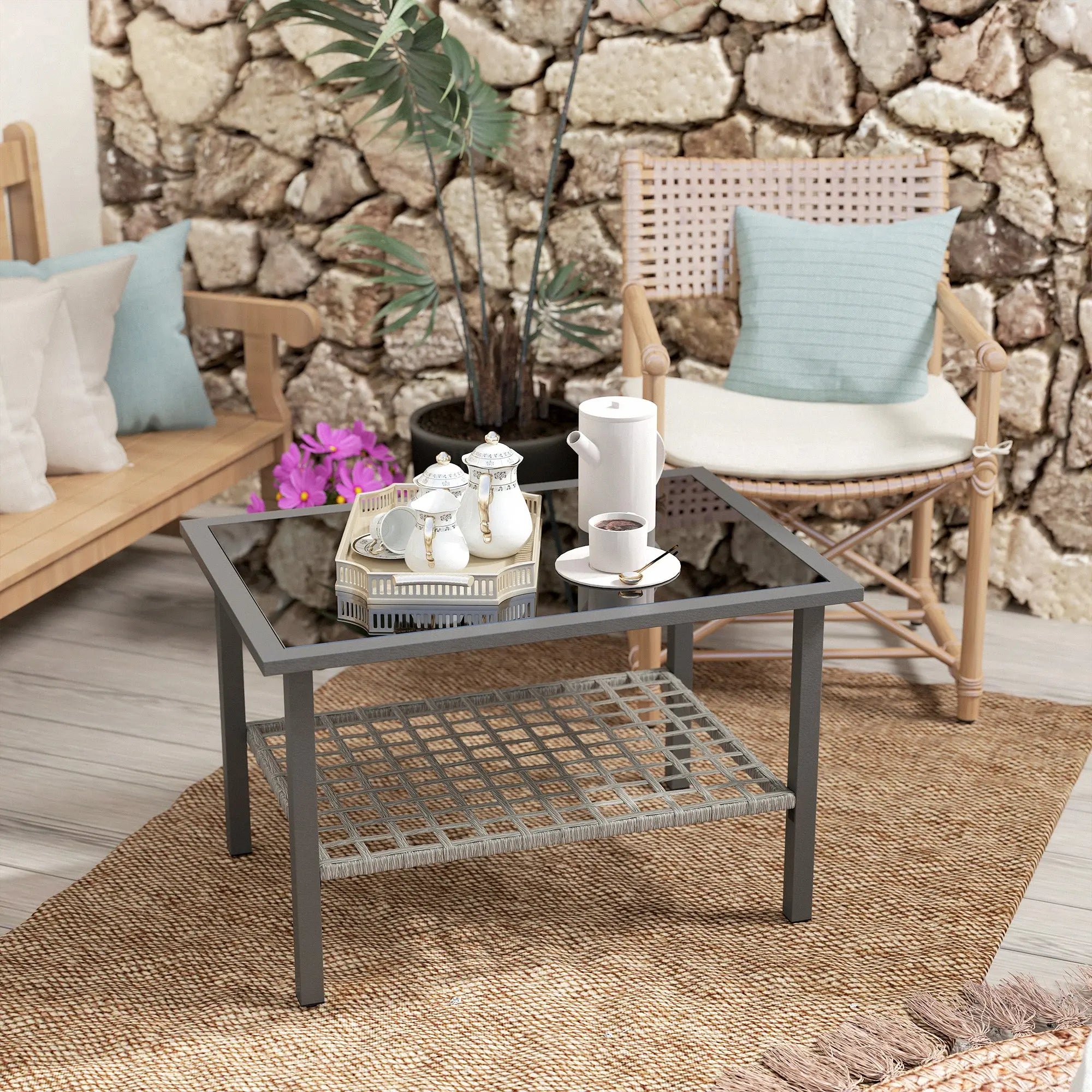 Outsunny Outdoor Rattan Coffee Table with Tempered Glass Top, Storage Shelf, Foot Pads, for Patio, Balcony, Mixed-grey 