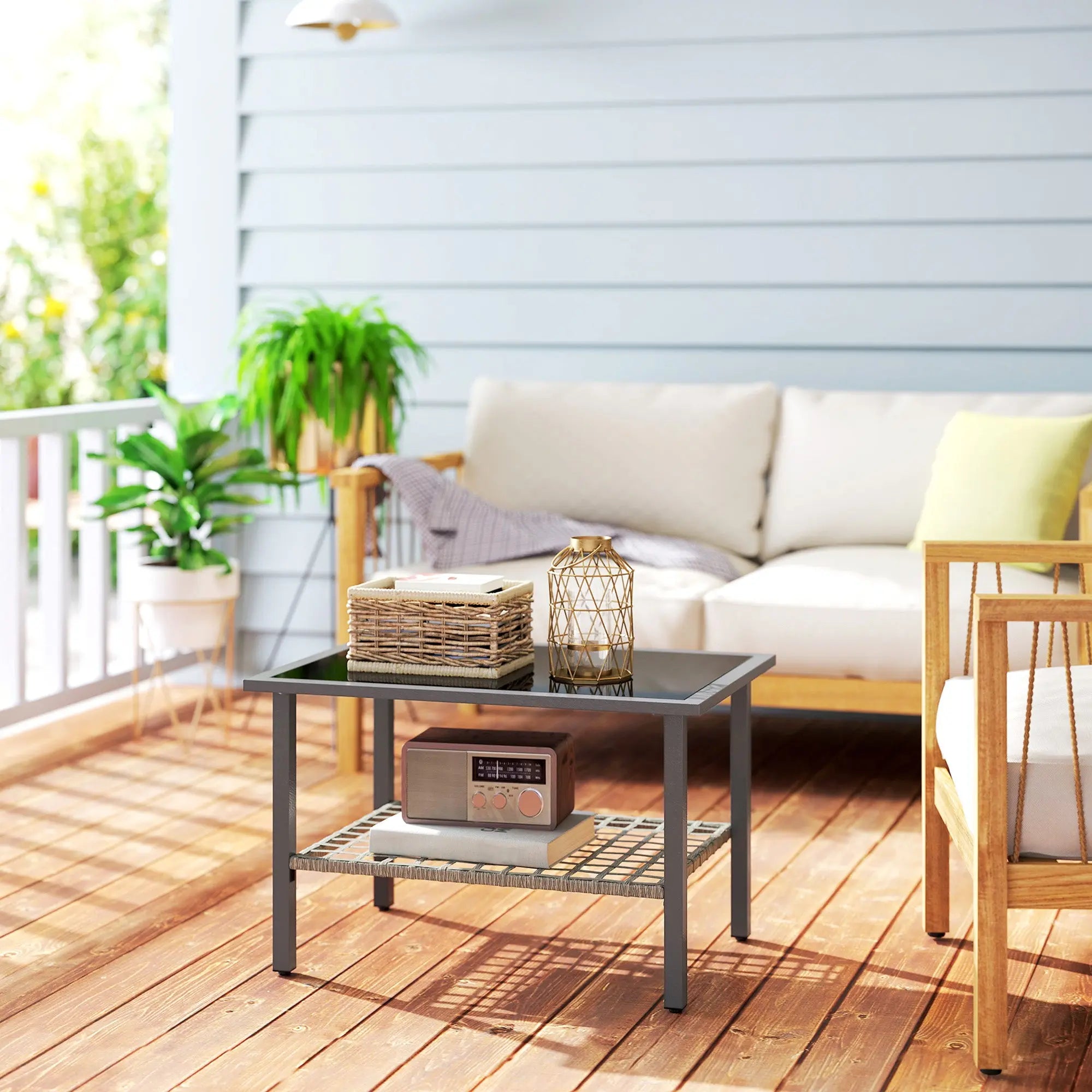 Outsunny Outdoor Rattan Coffee Table with Tempered Glass Top, Storage Shelf, Foot Pads, for Patio, Balcony, Mixed-grey 