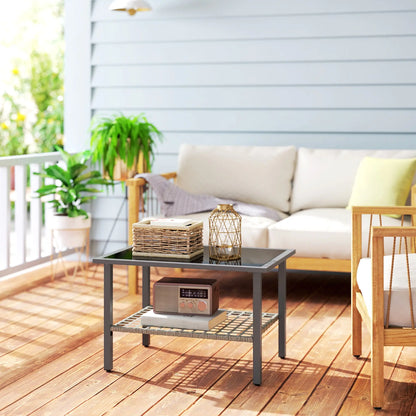 Outsunny Outdoor Rattan Coffee Table with Tempered Glass Top, Storage Shelf, Foot Pads, for Patio, Balcony, Mixed-grey 