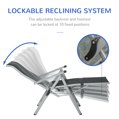 Outsunny Outdoor Sun Lounger 10-Position Adjustable Texteline Folding Reclining Chairs with Footrest for Patio Garden, Black 
