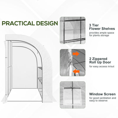 Outsunny Outdoor Walk-In Greenhouse, Plant Nursery with Zippered Doors, PE Cover and 3-Tier Shelves, White, 300 x 150 x 213 cm 