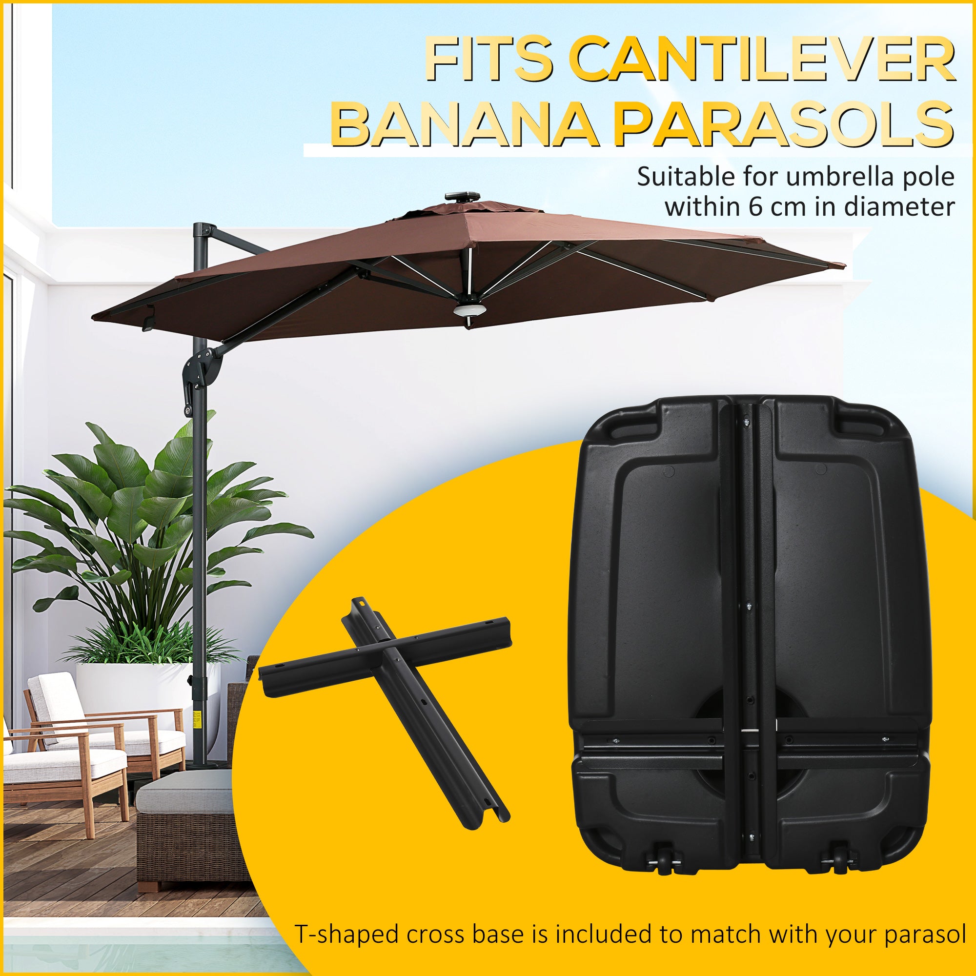 Outsunny Parasol Base, Water and Sand Filled, Up to 100kg, Portable Umbrella Stand Weights for Cantilever Banana Parasol with Wheels, Black 