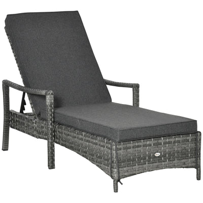 Outsunny Patio Rattan Sun Lounger, Dual Wicker Weave Outdoor Single Reclining Chair Furniture, 4-Level Adjustable Backrest w/ Removeable & Washable Cushion, Mixed Grey 