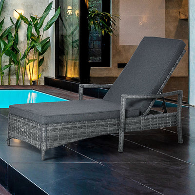 Outsunny Patio Rattan Sun Lounger, Dual Wicker Weave Outdoor Single Reclining Chair Furniture, 4-Level Adjustable Backrest w/ Removeable & Washable Cushion, Mixed Grey 