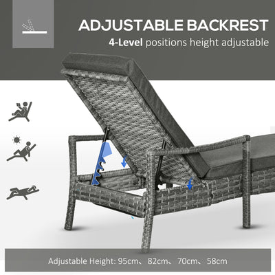 Outsunny Patio Rattan Sun Lounger, Dual Wicker Weave Outdoor Single Reclining Chair Furniture, 4-Level Adjustable Backrest w/ Removeable & Washable Cushion, Mixed Grey 