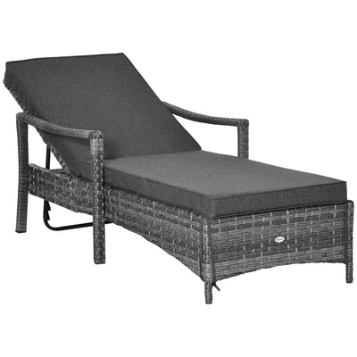 Outsunny Patio Rattan Sun Lounger, Dual Wicker Weave Outdoor Single Reclining Chair Furniture, 4-Level Adjustable Backrest w/ Removeable & Washable Cushion, Mixed Grey 