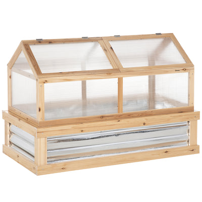 Outsunny Raised Garden Bed with Greenhouse Top, Garden Wooden Cold Frame Greenhouse Flower Planter Protection with 2 Independent Roofs, 122x 61 x 82cm, Natural 