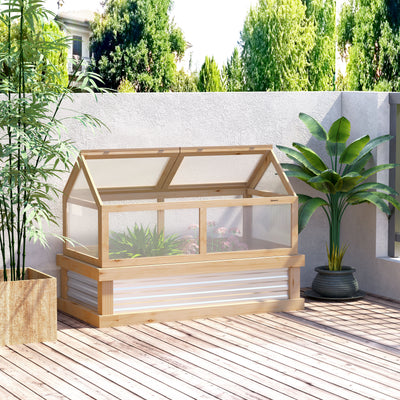 Outsunny Raised Garden Bed with Greenhouse Top, Garden Wooden Cold Frame Greenhouse Flower Planter Protection with 2 Independent Roofs, 122x 61 x 82cm, Natural 