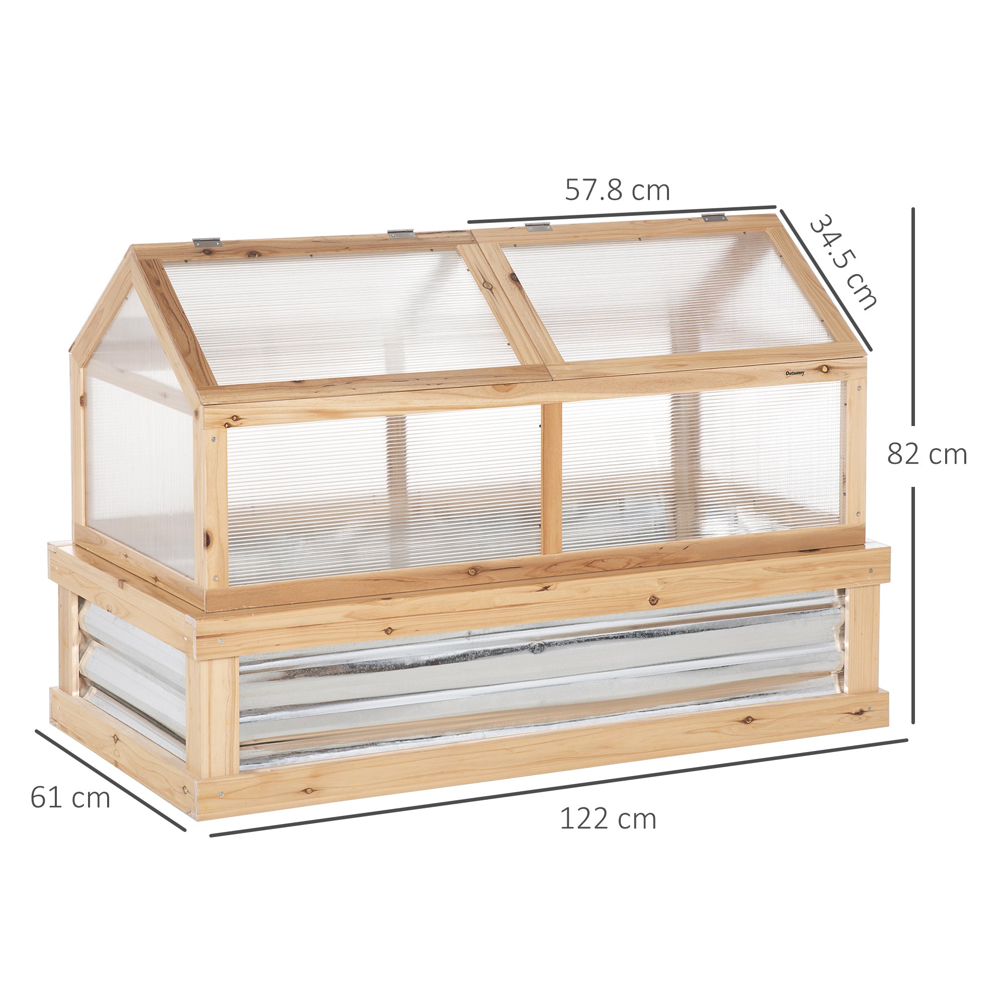 Outsunny Raised Garden Bed with Greenhouse Top, Garden Wooden Cold Frame Greenhouse Flower Planter Protection with 2 Independent Roofs, 122x 61 x 82cm, Natural 