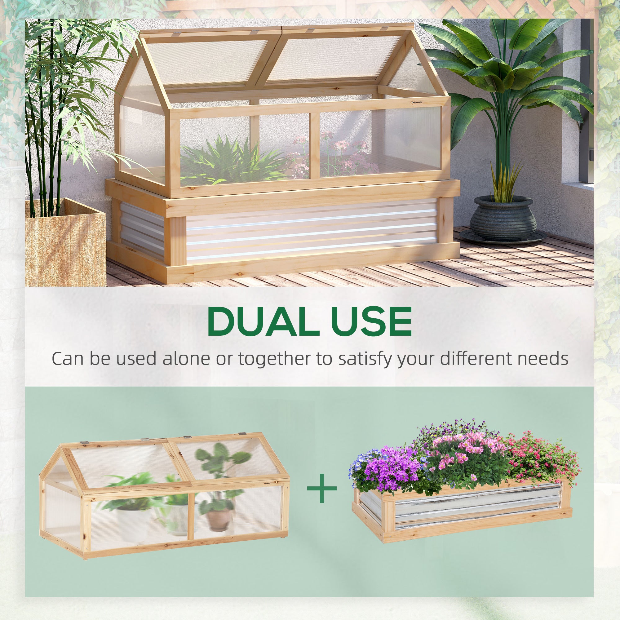 Outsunny Raised Garden Bed with Greenhouse Top, Garden Wooden Cold Frame Greenhouse Flower Planter Protection with 2 Independent Roofs, 122x 61 x 82cm, Natural 