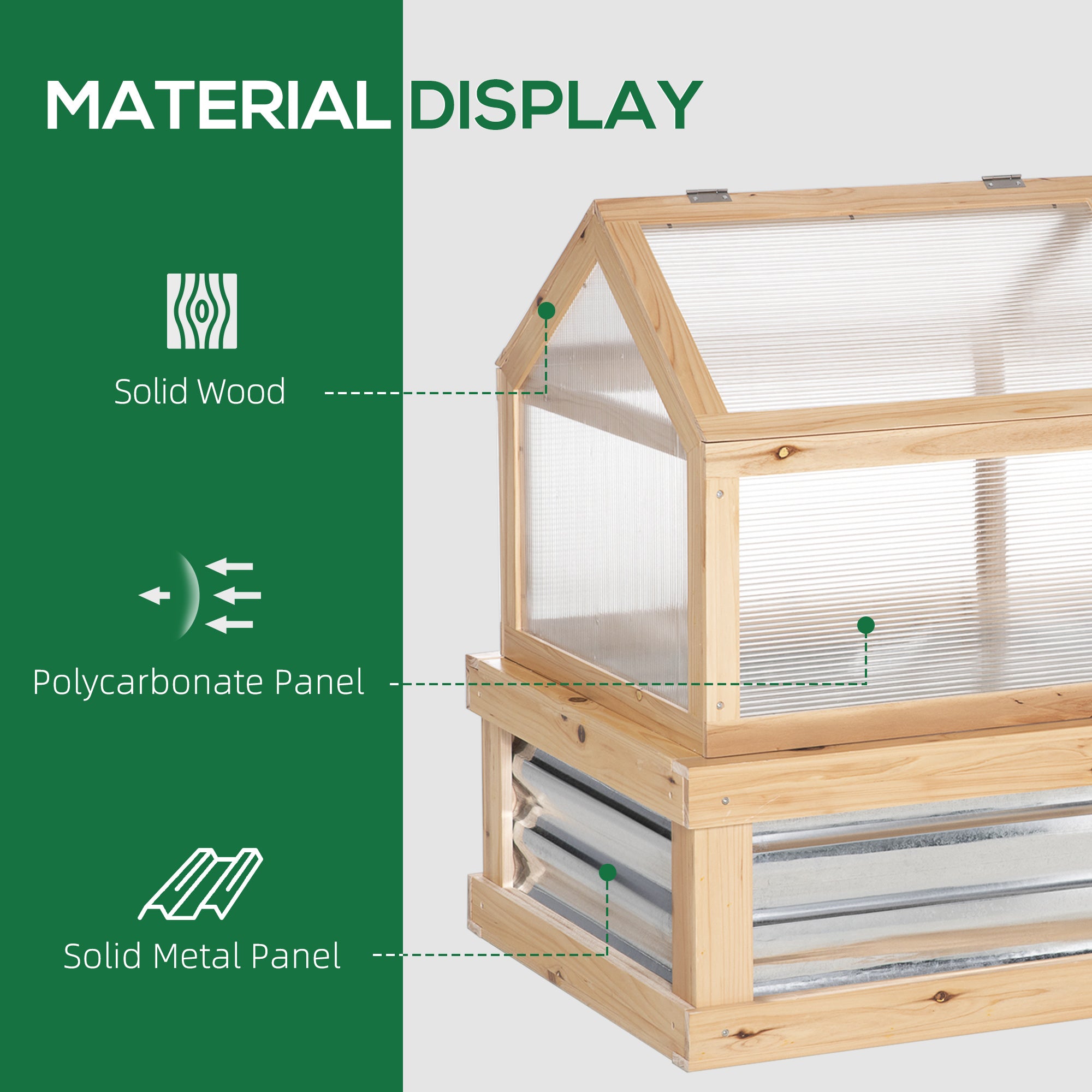 Outsunny Raised Garden Bed with Greenhouse Top, Garden Wooden Cold Frame Greenhouse Flower Planter Protection with 2 Independent Roofs, 122x 61 x 82cm, Natural 