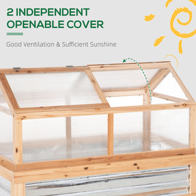 Outsunny Raised Garden Bed with Greenhouse Top, Garden Wooden Cold Frame Greenhouse Flower Planter Protection with 2 Independent Roofs, 122x 61 x 82cm, Natural 