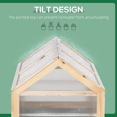 Outsunny Raised Garden Bed with Greenhouse Top, Garden Wooden Cold Frame Greenhouse Flower Planter Protection with 2 Independent Roofs, 122x 61 x 82cm, Natural 