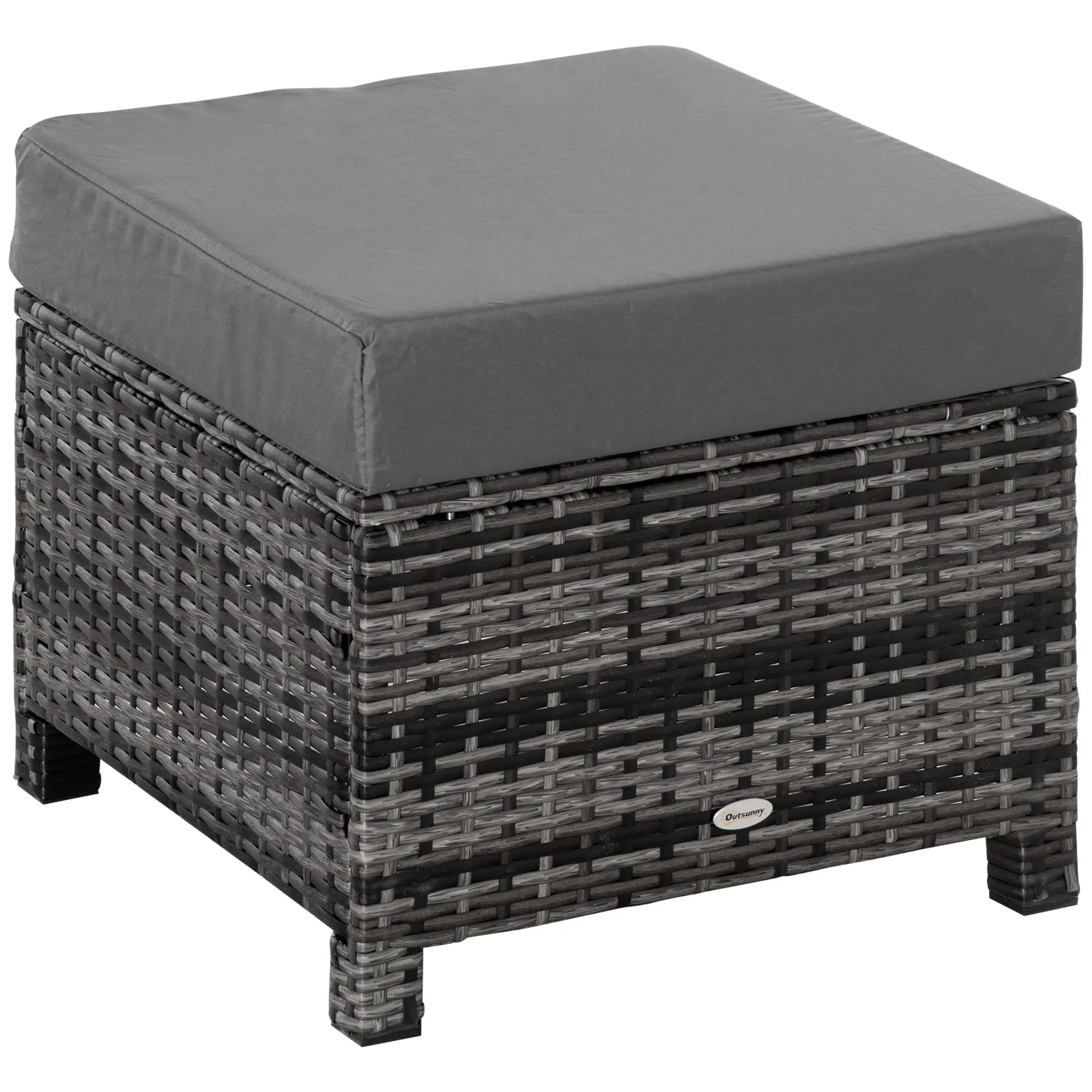 Outsunny Rattan Footstool Wicker Ottoman with Padded Seat Cushion Outdoor Patio Furniture for Garden Poolside Living Room, 50 x 50 x 35 cm, Grey 