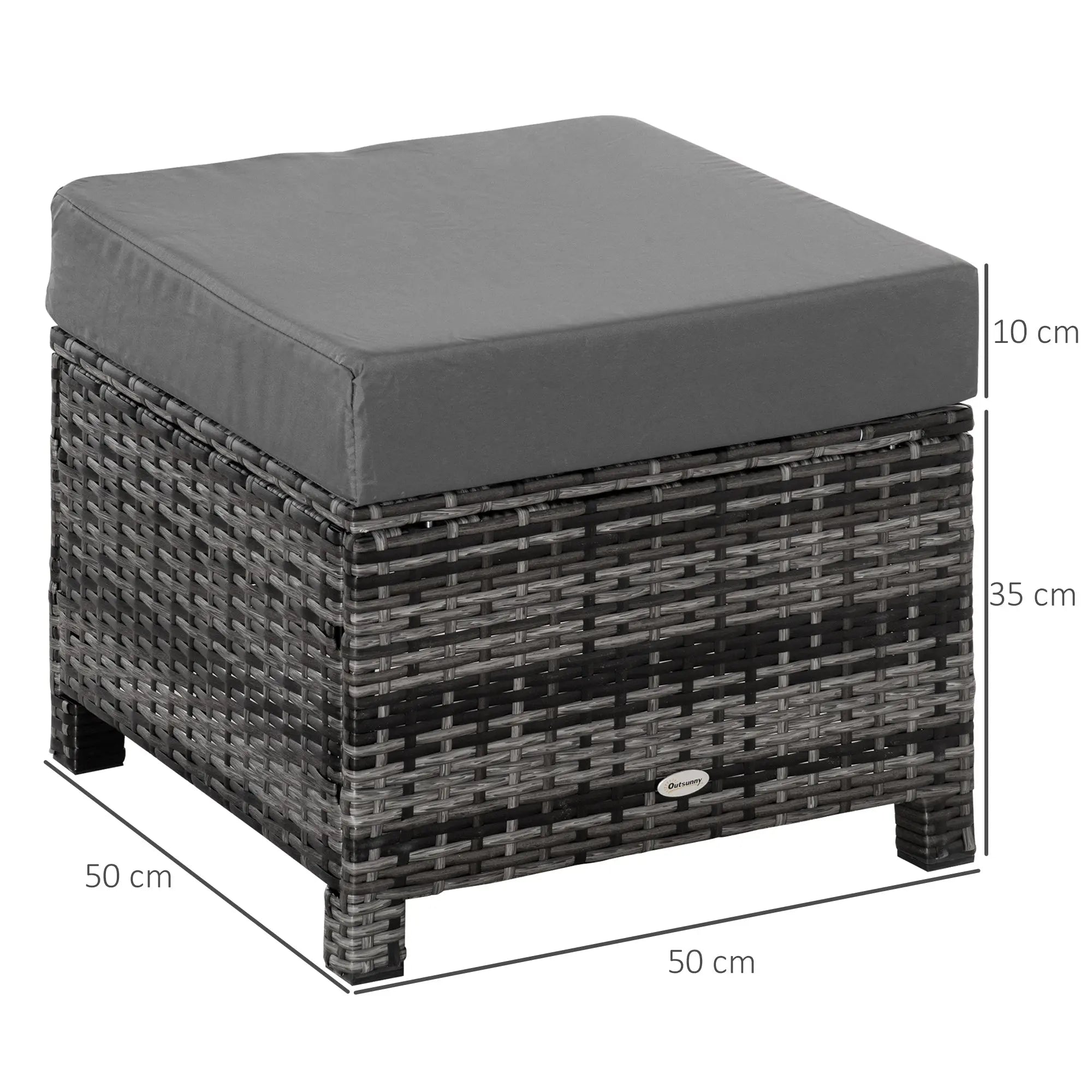 Outsunny Rattan Footstool Wicker Ottoman with Padded Seat Cushion Outdoor Patio Furniture for Garden Poolside Living Room, 50 x 50 x 35 cm, Grey 