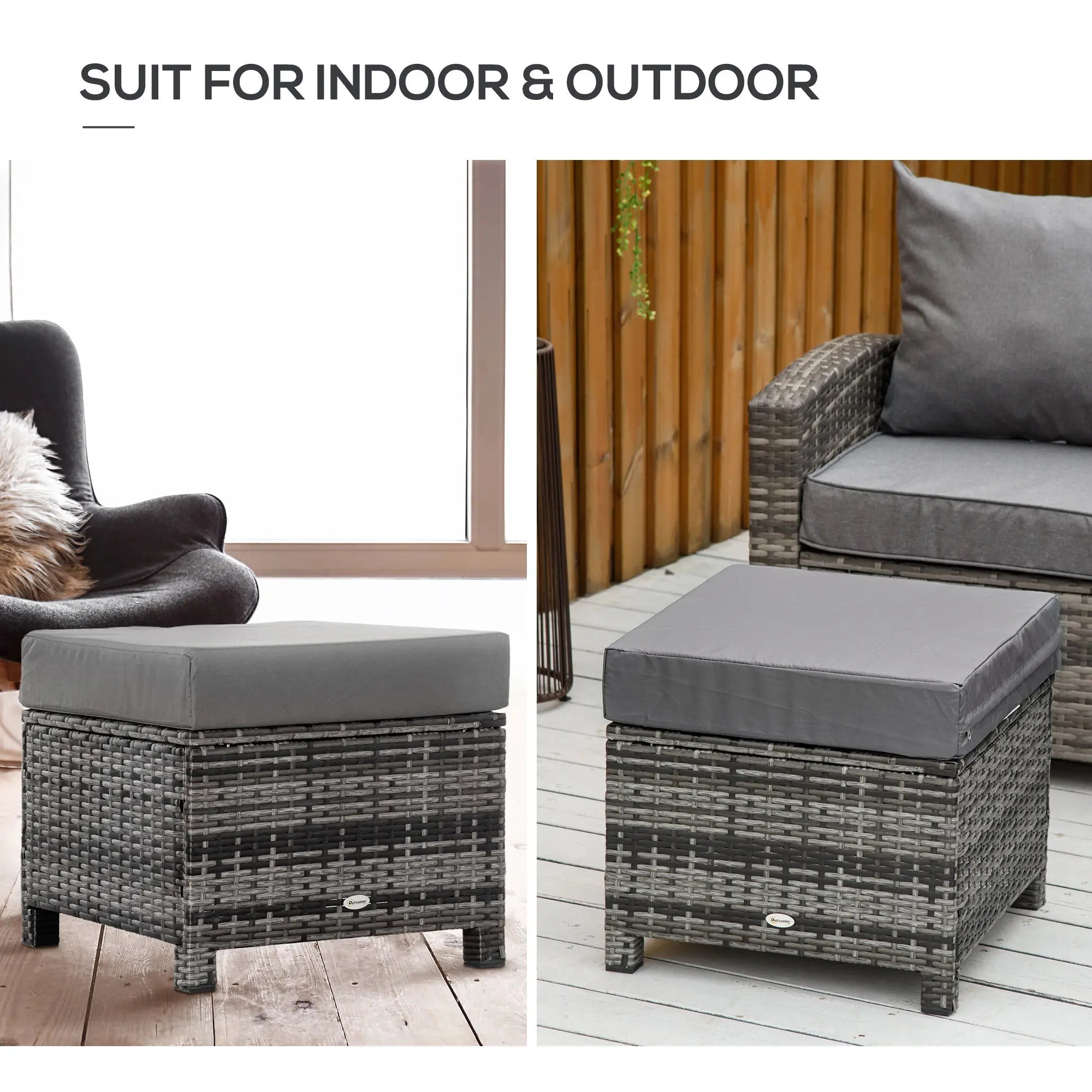 Outsunny Rattan Footstool Wicker Ottoman with Padded Seat Cushion Outdoor Patio Furniture for Garden Poolside Living Room, 50 x 50 x 35 cm, Grey 