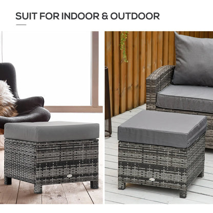 Outsunny Rattan Footstool Wicker Ottoman with Padded Seat Cushion Outdoor Patio Furniture for Garden Poolside Living Room, 50 x 50 x 35 cm, Grey 