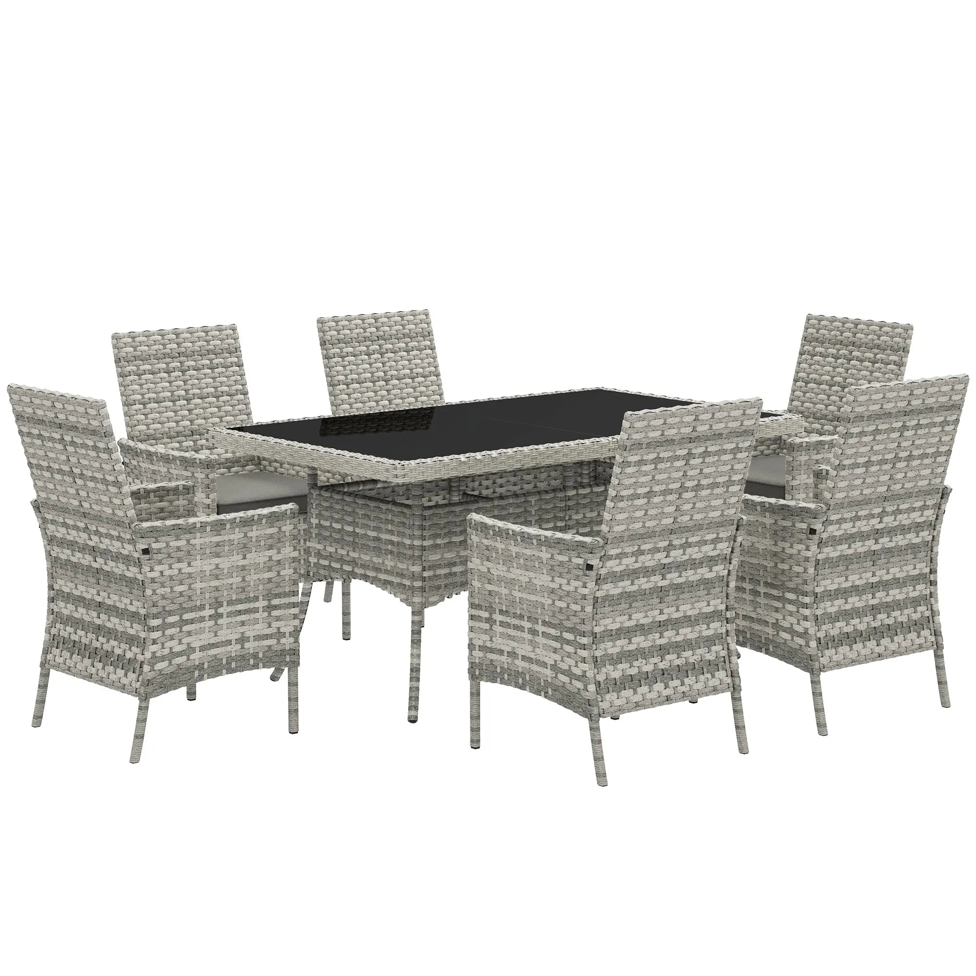 Outsunny Rattan Garden Furniture Set, 6 Seater Outdoor Dining Table and Chairs with Cushions, 150 x 90cm Rectangular Tempered Glass Table, 6 Armchairs, for Terrace, Conservatory, Balcony, Mixed-Grey 