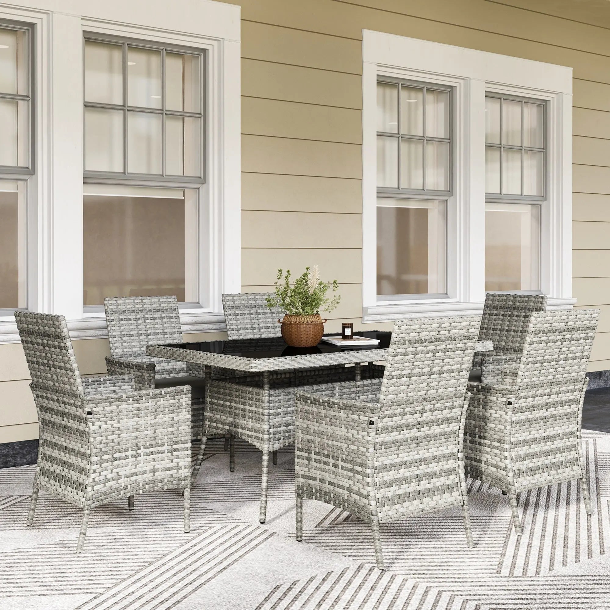 Outsunny Rattan Garden Furniture Set, 6 Seater Outdoor Dining Table and Chairs with Cushions, 150 x 90cm Rectangular Tempered Glass Table, 6 Armchairs, for Terrace, Conservatory, Balcony, Mixed-Grey 