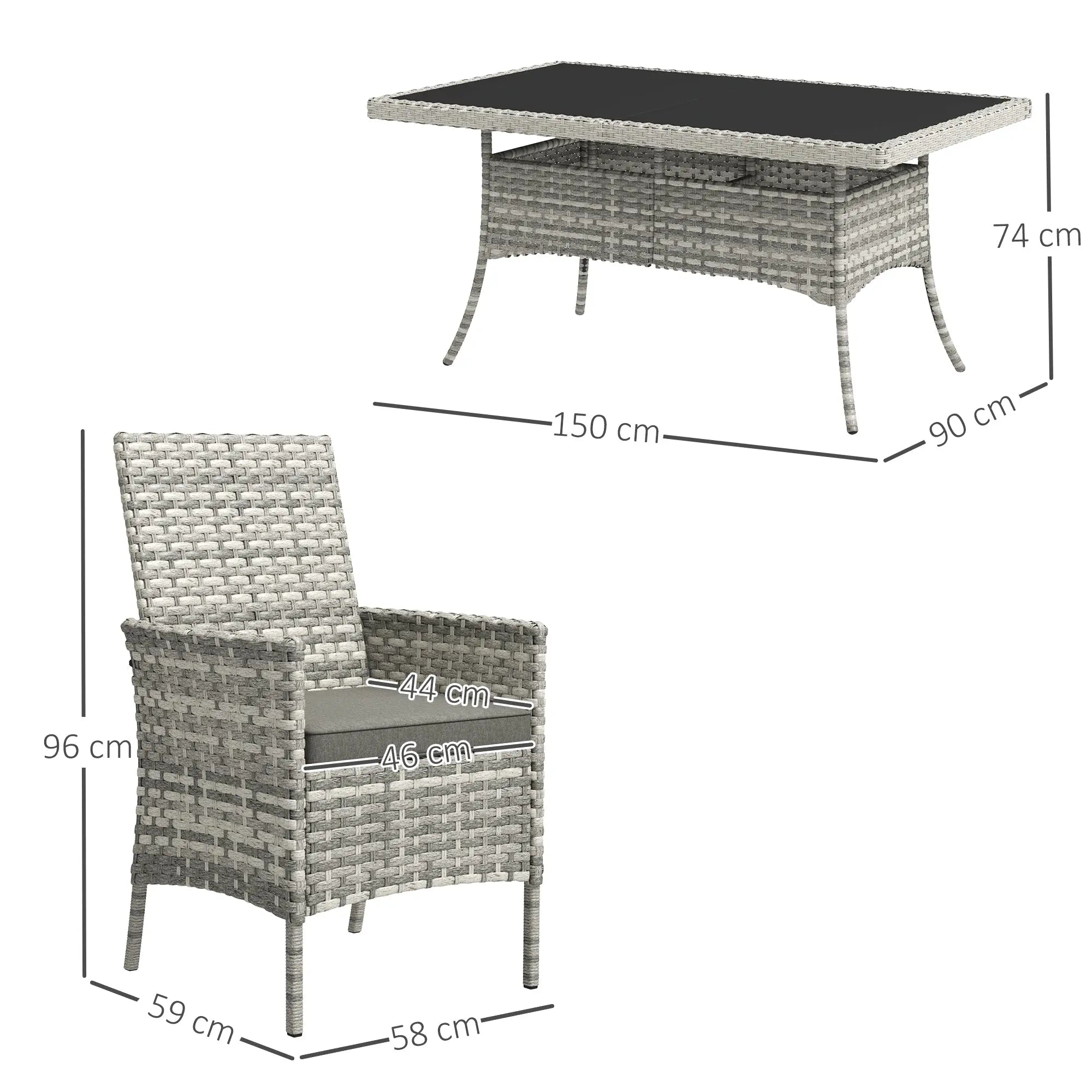 Outsunny Rattan Garden Furniture Set, 6 Seater Outdoor Dining Table and Chairs with Cushions, 150 x 90cm Rectangular Tempered Glass Table, 6 Armchairs, for Terrace, Conservatory, Balcony, Mixed-Grey 