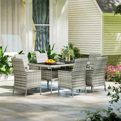Outsunny Rattan Garden Furniture Set, 6 Seater Outdoor Dining Table and Chairs with Cushions, 150 x 90cm Rectangular Tempered Glass Table, 6 Armchairs, for Terrace, Conservatory, Balcony, Mixed-Grey 