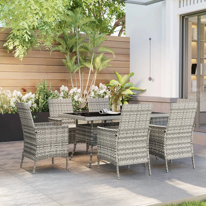 Outsunny Rattan Garden Furniture Set, 6 Seater Outdoor Dining Table and Chairs with Cushions, 150 x 90cm Rectangular Tempered Glass Table, 6 Armchairs, for Terrace, Conservatory, Balcony, Mixed-Grey 