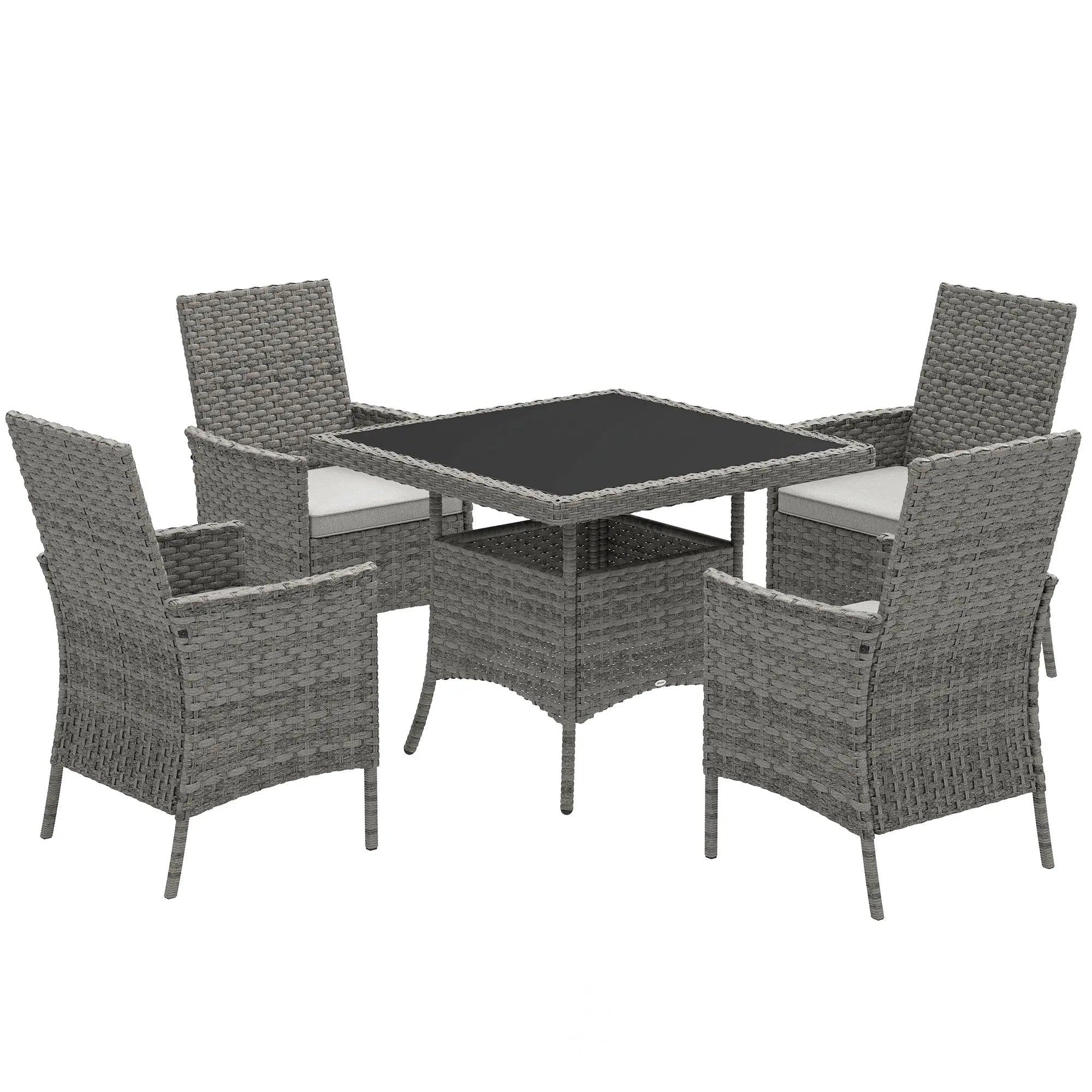 Outsunny Rattan Garden Furniture Set, Outdoor Dining Table and Chairs 4 Seater with Cushions, Square Tempered Glass Top, 4 Armchairs, for Balcony, Terrace, Conservatory, Grey 