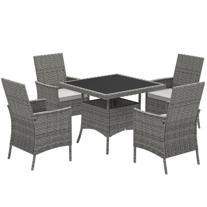 Outsunny Rattan Garden Furniture Set, Outdoor Dining Table and Chairs 4 Seater with Cushions, Square Tempered Glass Top, 4 Armchairs, for Balcony, Terrace, Conservatory, Grey 