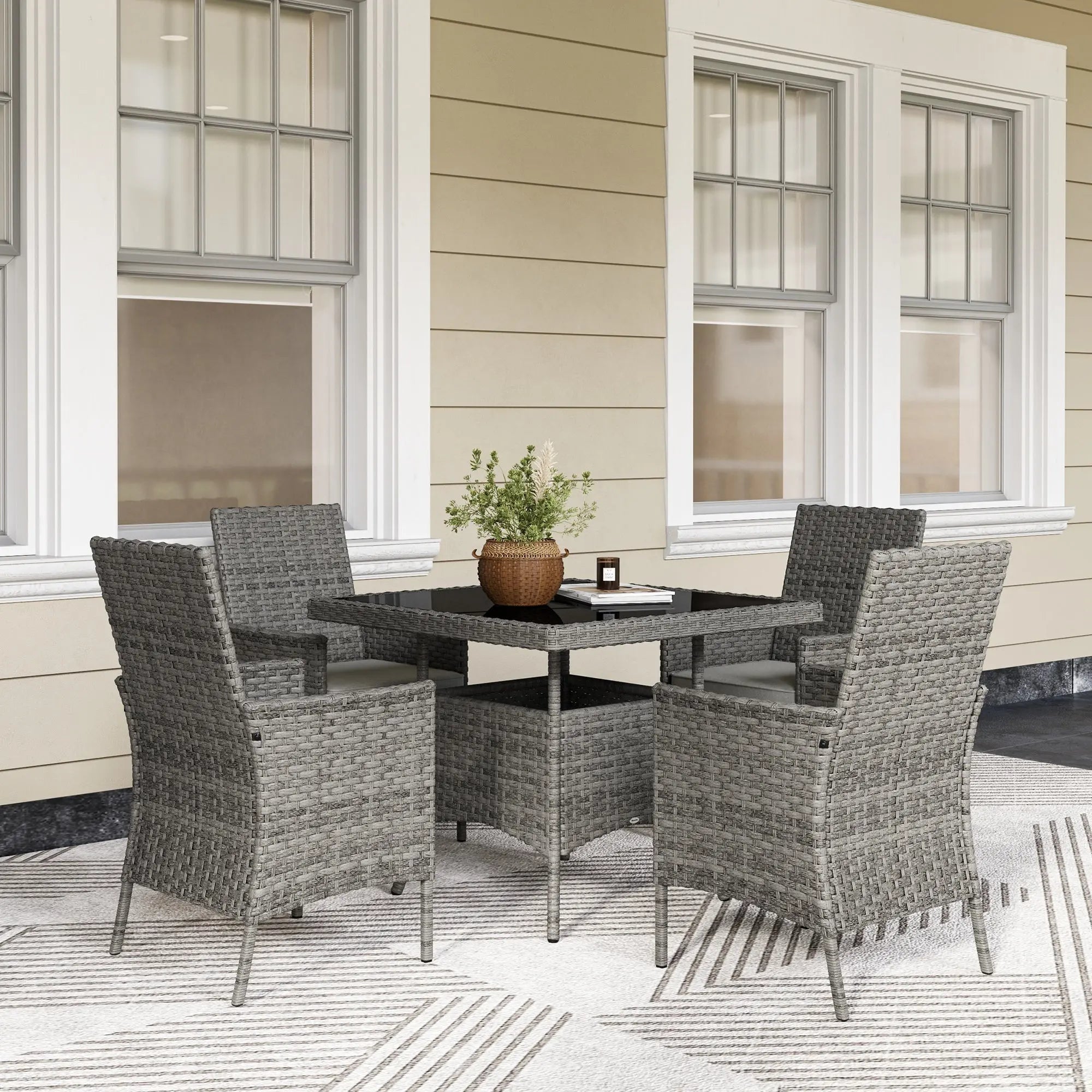 Outsunny Rattan Garden Furniture Set, Outdoor Dining Table and Chairs 4 Seater with Cushions, Square Tempered Glass Top, 4 Armchairs, for Balcony, Terrace, Conservatory, Grey 