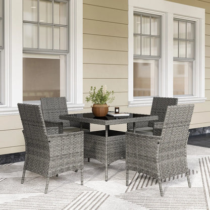 Outsunny Rattan Garden Furniture Set, Outdoor Dining Table and Chairs 4 Seater with Cushions, Square Tempered Glass Top, 4 Armchairs, for Balcony, Terrace, Conservatory, Grey 