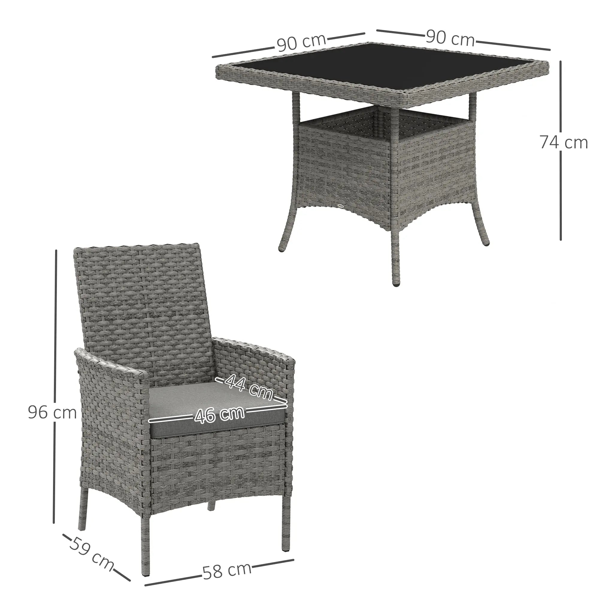 Outsunny Rattan Garden Furniture Set, Outdoor Dining Table and Chairs 4 Seater with Cushions, Square Tempered Glass Top, 4 Armchairs, for Balcony, Terrace, Conservatory, Grey 
