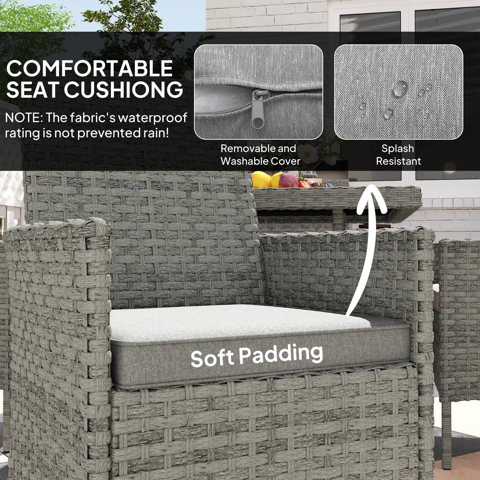 Outsunny Rattan Garden Furniture Set, Outdoor Dining Table and Chairs 4 Seater with Cushions, Square Tempered Glass Top, 4 Armchairs, for Balcony, Terrace, Conservatory, Grey 