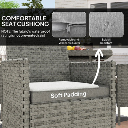 Outsunny Rattan Garden Furniture Set, Outdoor Dining Table and Chairs 4 Seater with Cushions, Square Tempered Glass Top, 4 Armchairs, for Balcony, Terrace, Conservatory, Grey 