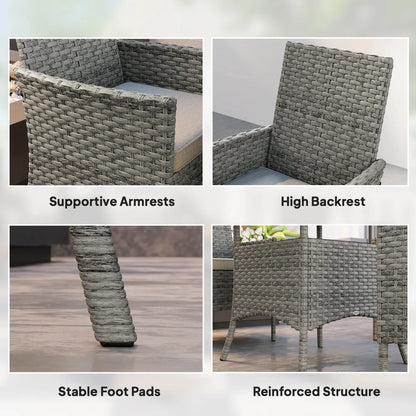 Outsunny Rattan Garden Furniture Set, Outdoor Dining Table and Chairs 4 Seater with Cushions, Square Tempered Glass Top, 4 Armchairs, for Balcony, Terrace, Conservatory, Grey 