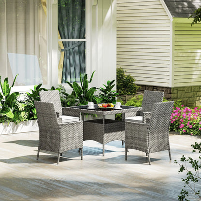 Outsunny Rattan Garden Furniture Set, Outdoor Dining Table and Chairs 4 Seater with Cushions, Square Tempered Glass Top, 4 Armchairs, for Balcony, Terrace, Conservatory, Grey 