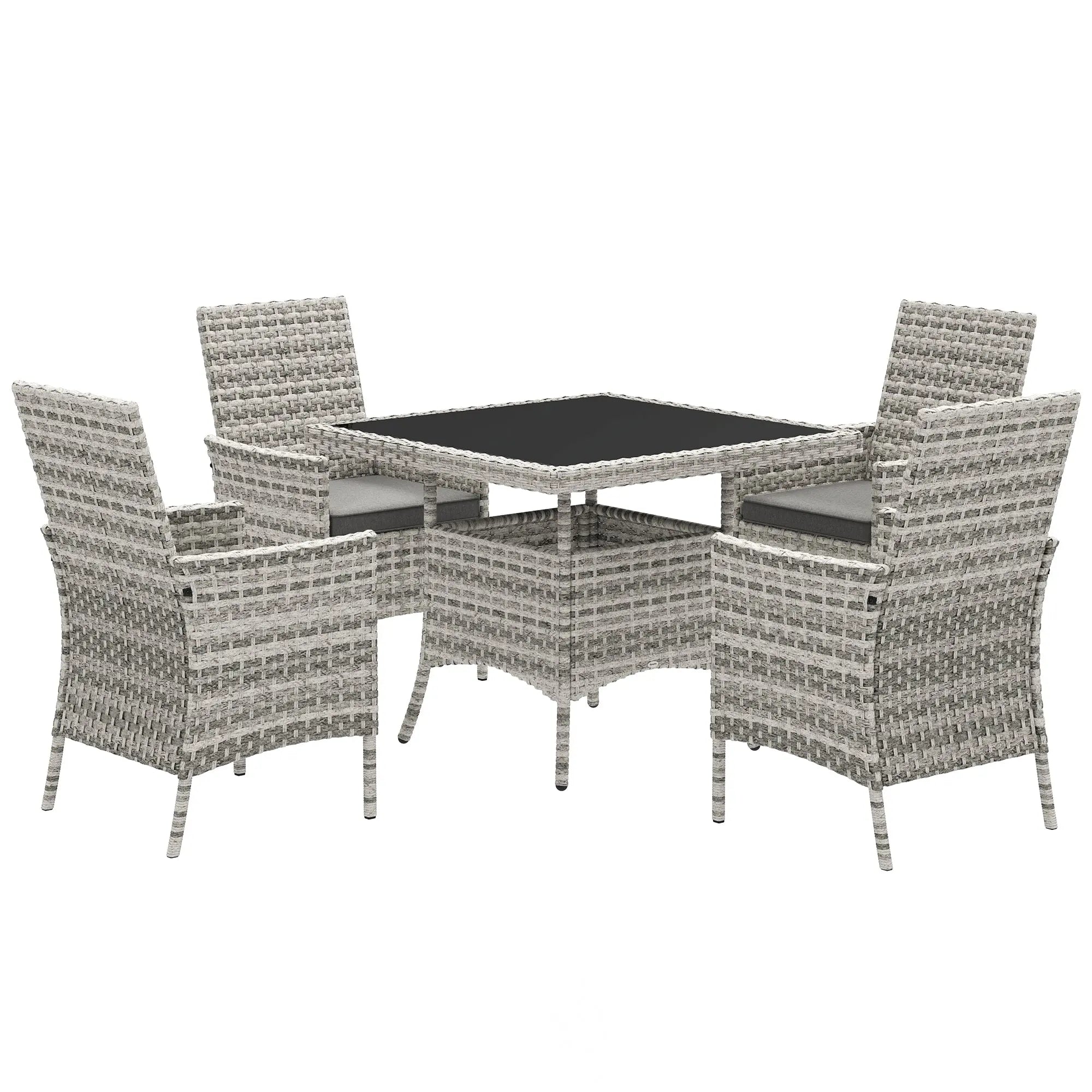 Outsunny Rattan Garden Furniture Set, Outdoor Dining Table and Chairs 4 Seater with Cushions, Square Tempered Glass Top, 4 Armchairs, for Balcony, Terrace, Conservatory, Mixed-Grey 