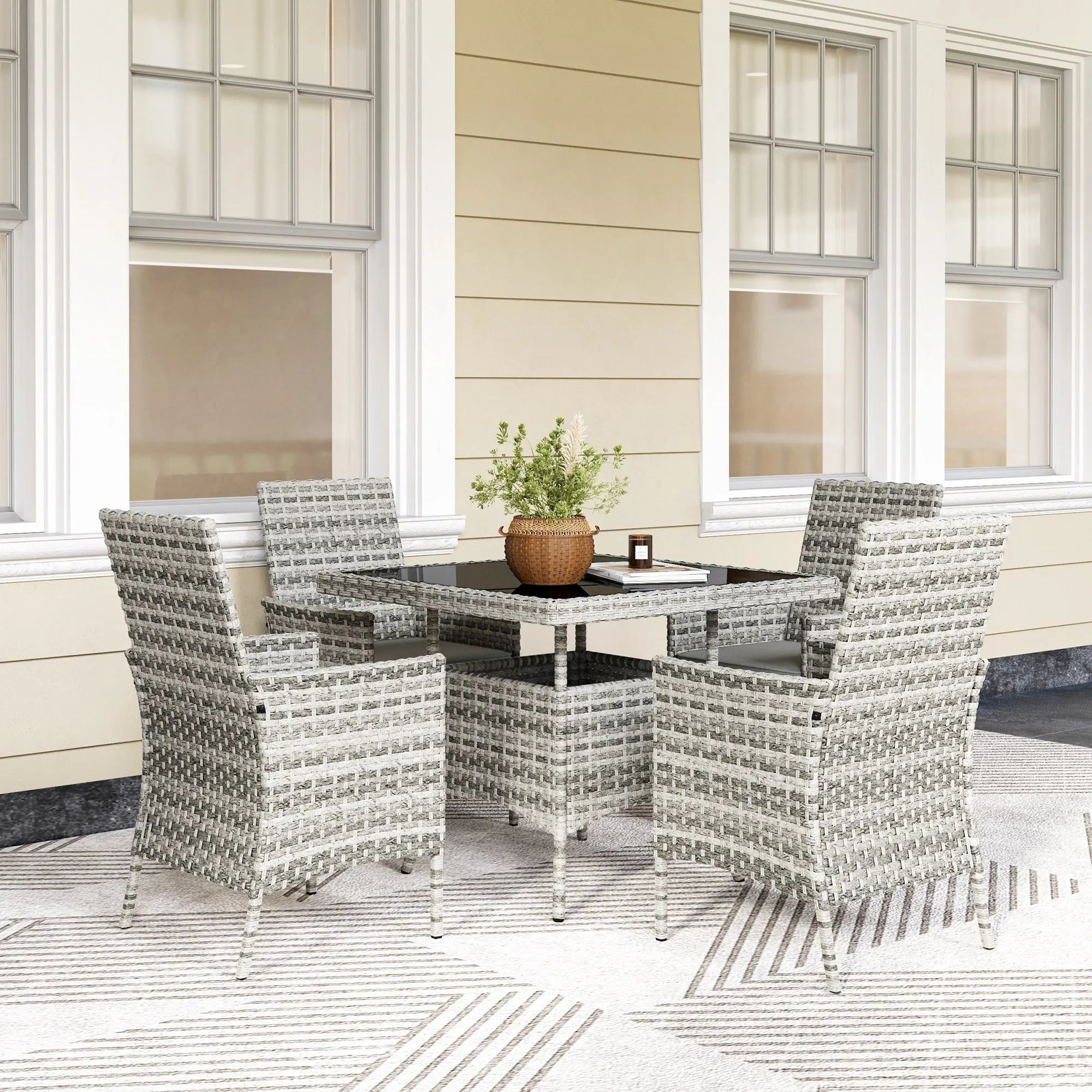 Outsunny Rattan Garden Furniture Set, Outdoor Dining Table and Chairs 4 Seater with Cushions, Square Tempered Glass Top, 4 Armchairs, for Balcony, Terrace, Conservatory, Mixed-Grey 