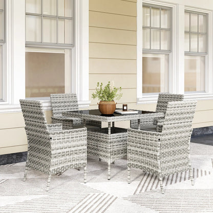 Outsunny Rattan Garden Furniture Set, Outdoor Dining Table and Chairs 4 Seater with Cushions, Square Tempered Glass Top, 4 Armchairs, for Balcony, Terrace, Conservatory, Mixed-Grey 
