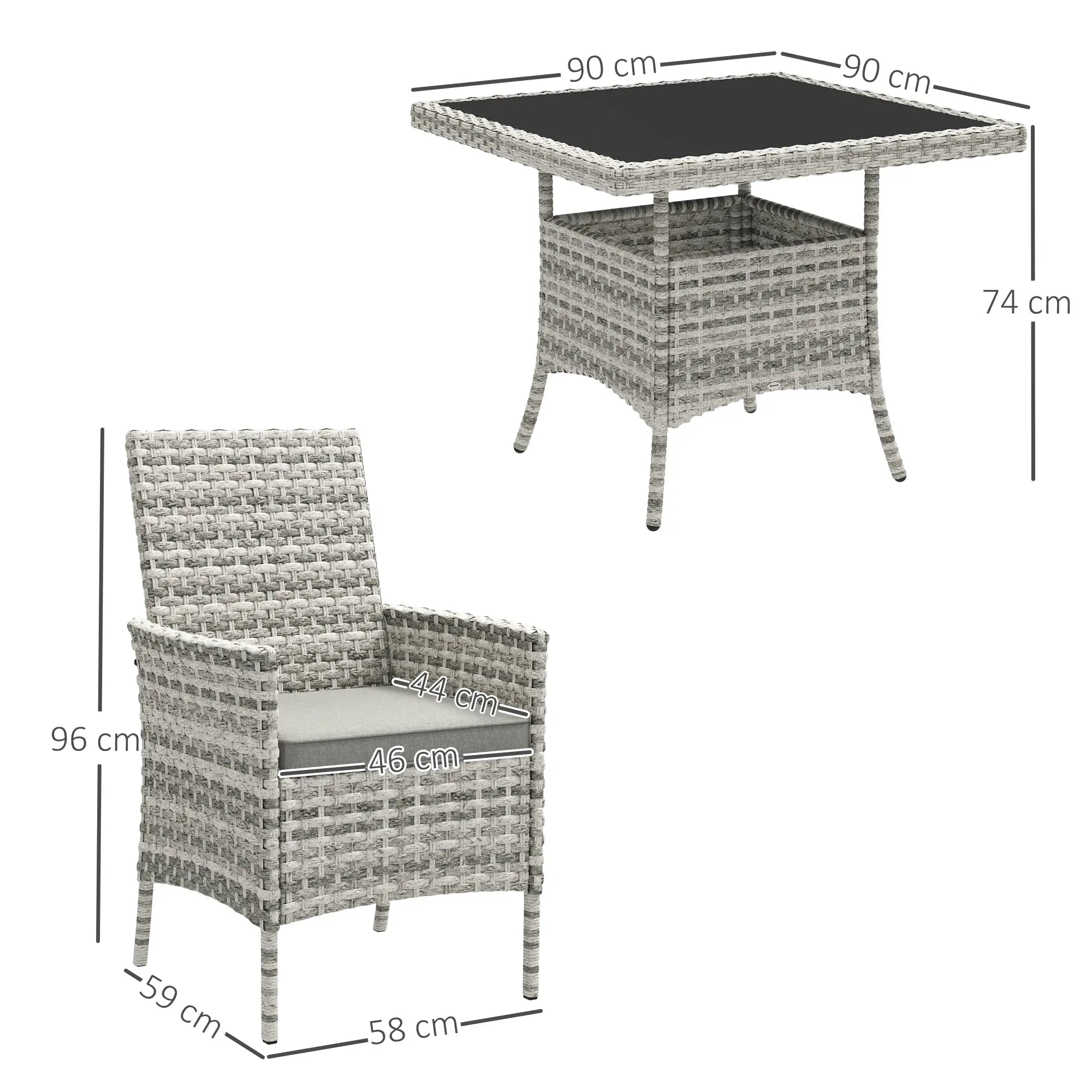 Outsunny Rattan Garden Furniture Set, Outdoor Dining Table and Chairs 4 Seater with Cushions, Square Tempered Glass Top, 4 Armchairs, for Balcony, Terrace, Conservatory, Mixed-Grey 